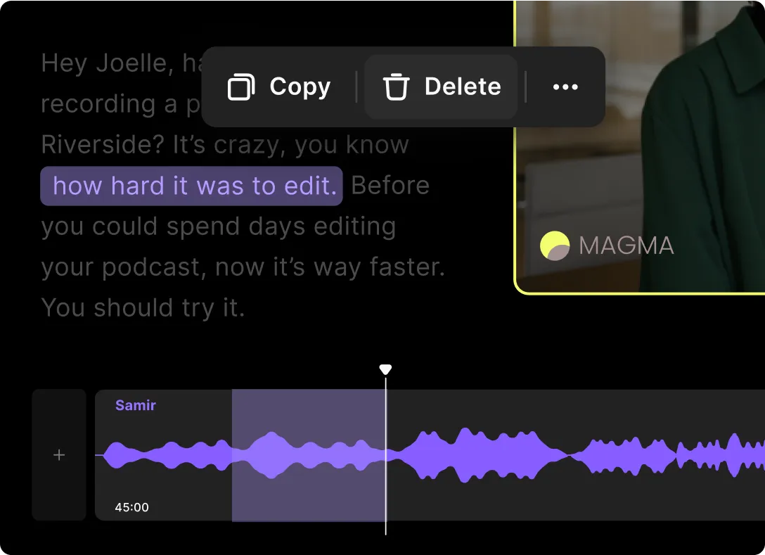 Audio editing interface showing a purple waveform and text 'how hard it was to edit.'